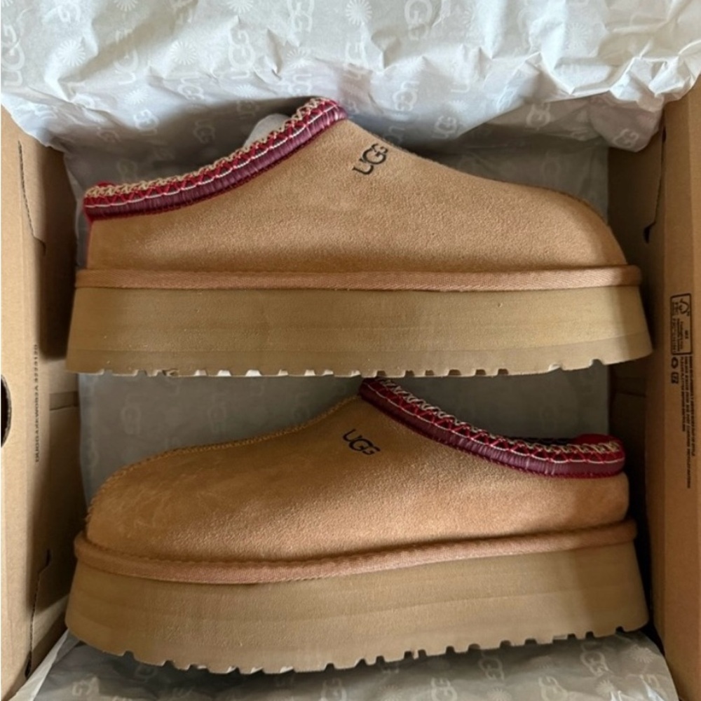 UGG Chestnut Platform Slippers with Burgundy Trim